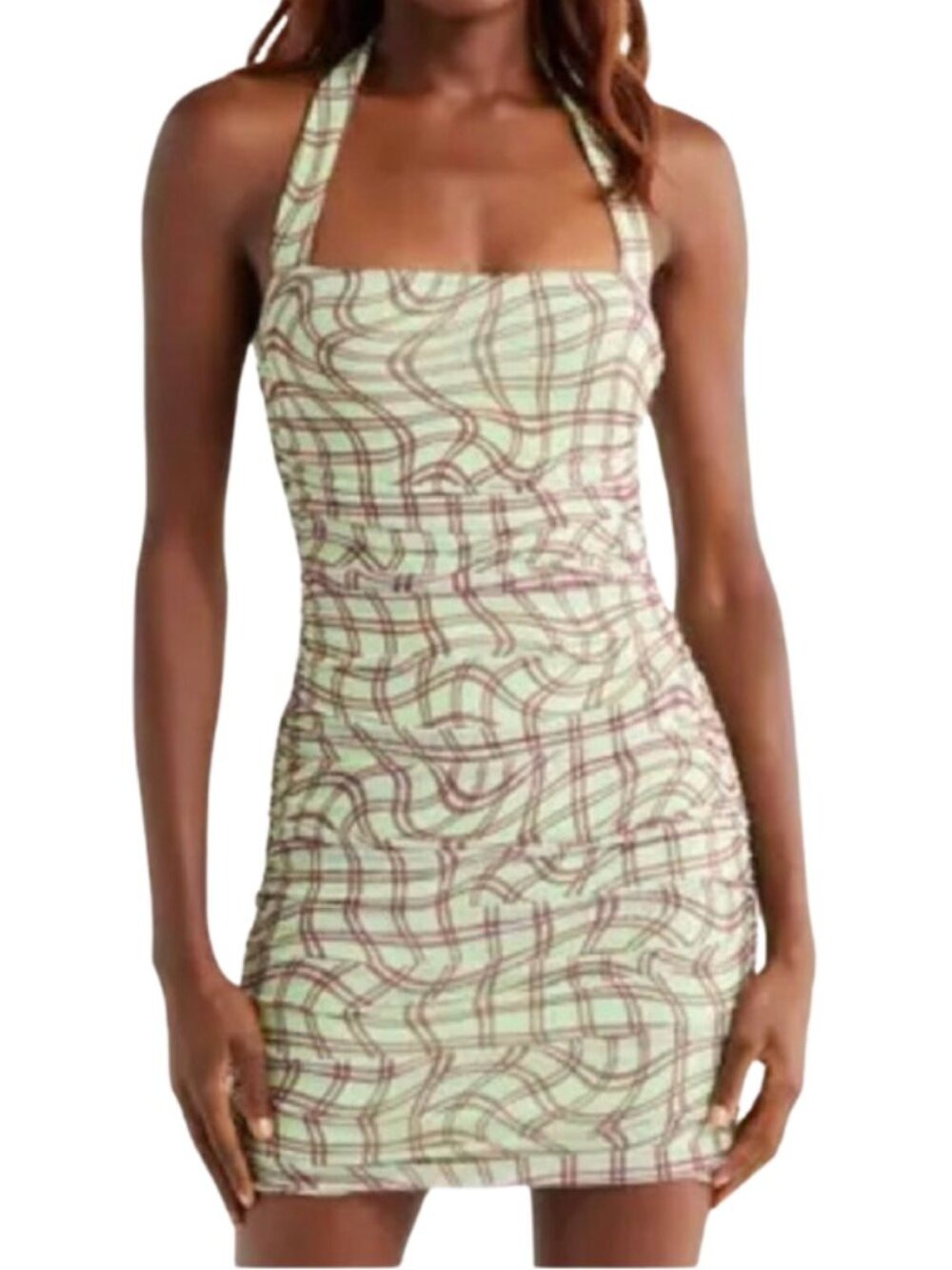 AFRM Bonnie Halter Neck Mesh Minidress - Minty Plaid